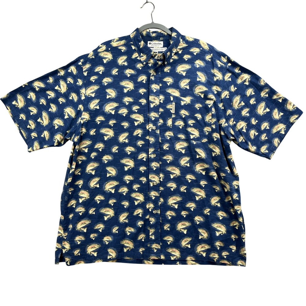VTG Columbia Short Sleeve Button Up Shirt Mens XL Blue Trout Fishing Outdoor Y2K